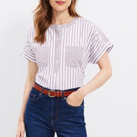 LOFT Striped Dolman Henley Everyday Shirt white red XS - Picture 1 of 7